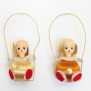 Vtg Satin Ball Angel Swing Ornament Foil Wings Paper Mache Head Hand Painted Set